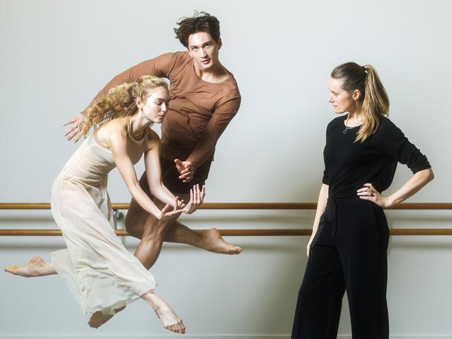 26/08/2024 Australian Ballet choreographer Stephanie Lake with dancers Annabelle Watt and Hugo Dumapit ahead of an triple work announcement at the Australian Ballet. Aaron Francis / The Australian