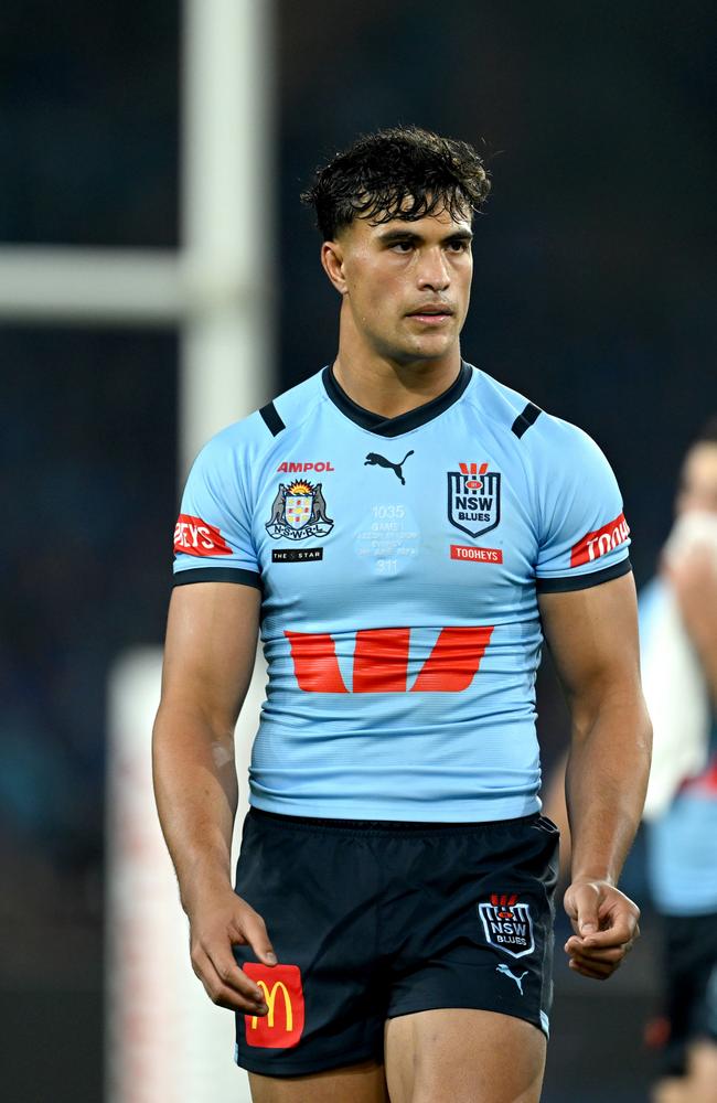 Joseph-Aukuso Suaalii walks from the field after being sent off in just the eighth minute of the match. Picture: NRL Photos