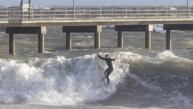 A surfer rides the big waves by Brighton Jetty. Picture by Kelly Barnes