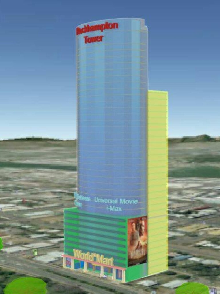 3D images of the 36-storey "Rockhampton Tower" to be built on the site of The Plaza Hotel on George St.