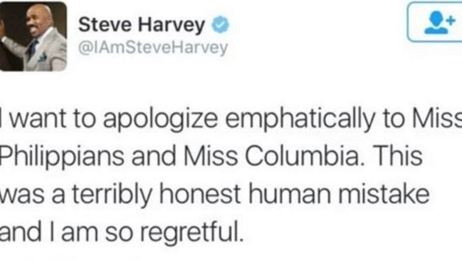 Oops ... Steve Harvey tries to make up publicly for his mistake. Picture: Twitter