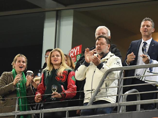 Just last week she was spotted in Rabbitoh’s gear cheering on Crowe’s side. Picture: AAP Image/Dean Lewins