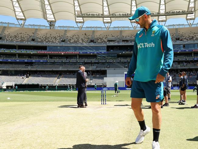 Nathan Lyon inspecting the pitch prior to the Perth Test match. Picture: Paul Kane/Getty Images