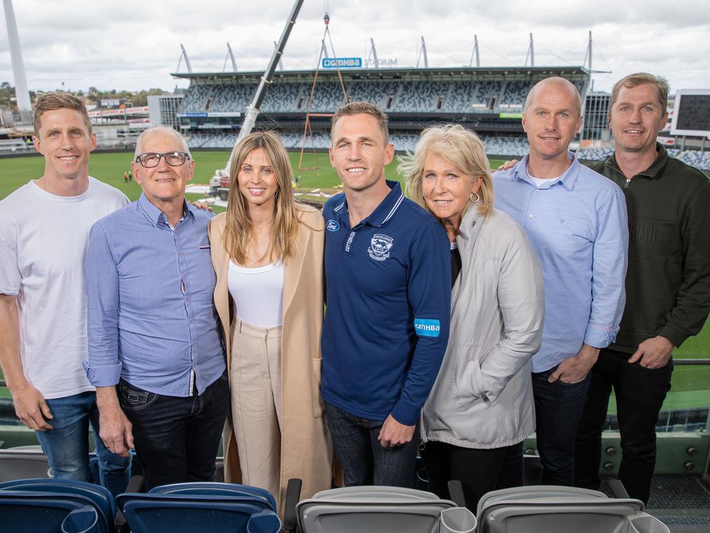 Scott, Bryce, Brit, Joel, Maree, Troy and Adam Selwood at GMHBA Stadium after Joel announced his retirement. Picture: Jason Edwards