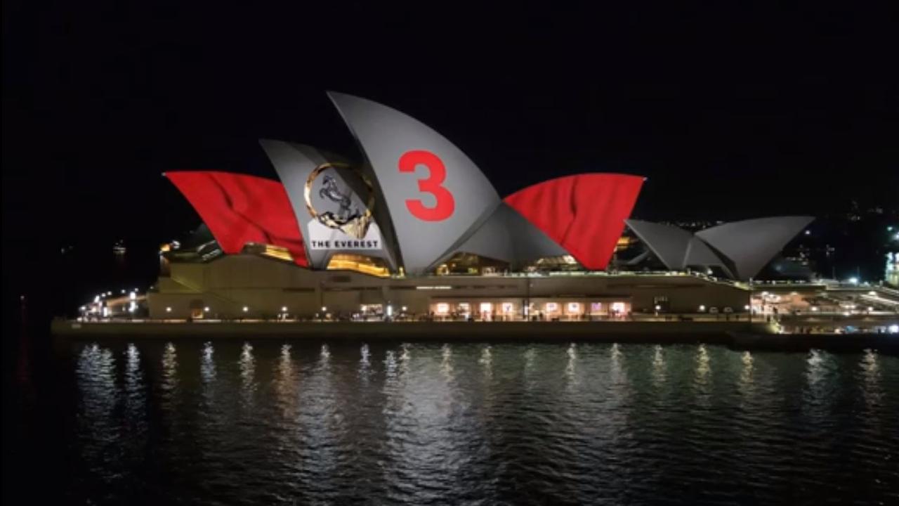 An accurate impression of the 2018 Barrier draw being projected onto the Sydney Opera House for the 2018 Everest Race. Supplied (by Anna Caldwell)