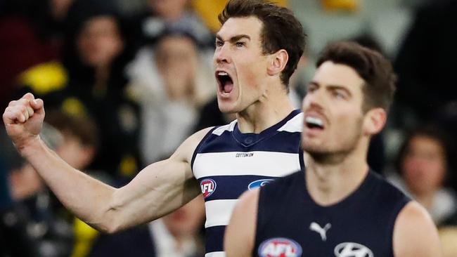 Jeremy Cameron celebrates as Blue George Hewett looks on. Picture: Dylan Burns/AFL Photos