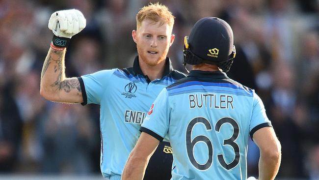 England’s Ben Stokes (left) and Jos Buttler congratulate each other after taking 15 runs from their super over. Picture: AFP