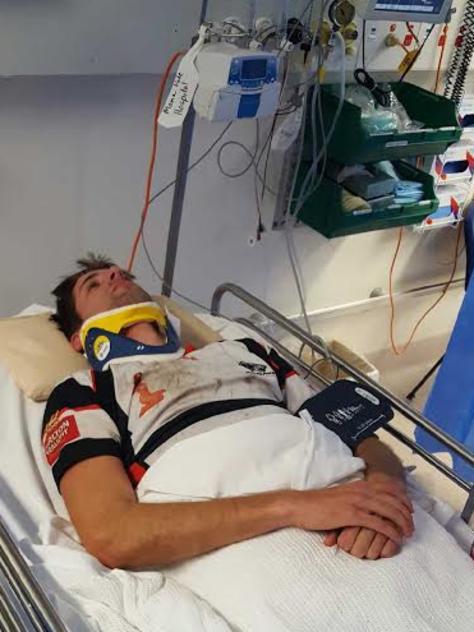 Dan McIntyre in Mona Vale Hospital after he hurt his neck.