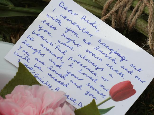 A note addressed to “Ridi” at the site of her death. Picture: AAP Image/David Crosling