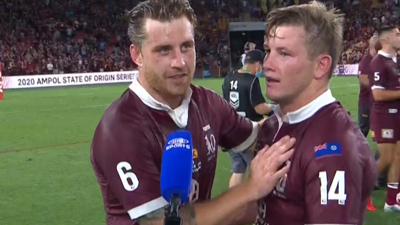 Cameron Munster and Harry Grant after the Maroons' win