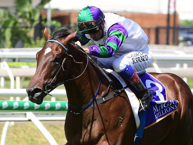 Alpine Edge ridden by Robbie Fradd wins the BJ McLachlan Stakes at Eagle Farm. Picture: Trackside Photography