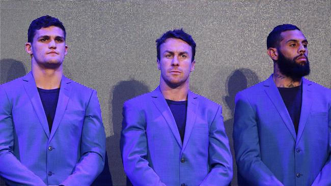 Nathan Cleary, James Maloney and Josh Addo-Carr are introduced to the audience during the NSW State of Origin team announcement for Game 1 at the Star Event Centre, Sydney. Picture: Brett Costello