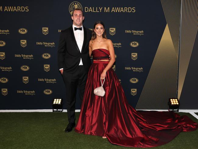 Isaah Yeo and partner Ashley Camenzuliarrive. Picture Mark Kolbe/Getty Images.