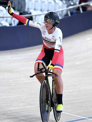 Annette Edmondson celebrates winning the final of the Women's team pursuit during the 2018 Australian Track National Championships at Anna Meares Velodrome earlier this month. Picture: Bradley Kanaris/Getty Images