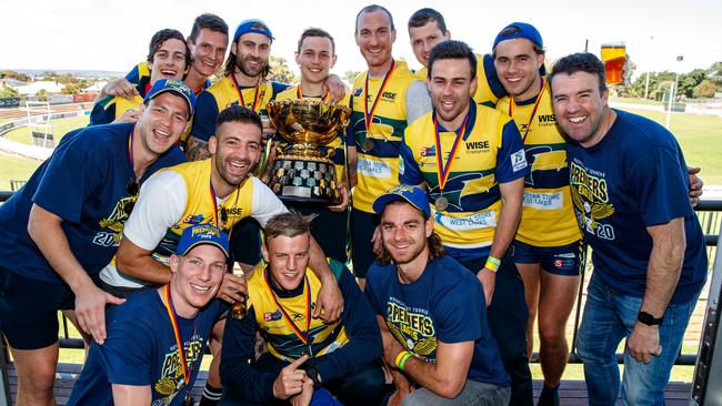 Eagles SANFL players celebrating with the cup on Monday. Picture Matt Turner.