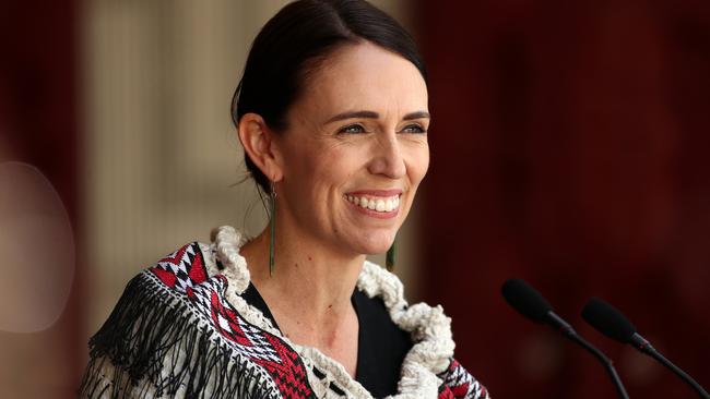 Jacinda Ardern speaks at the upper Treaty grounds in Waitangi, New Zealand. Picture: Getty Images.