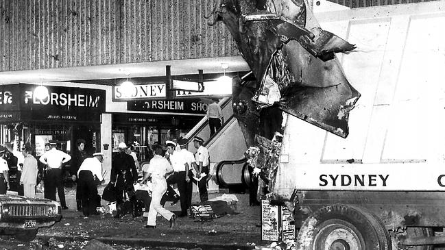 The scene after a bomb went off in a bin outside Sydney Hilton Hotel in 1978. File picture