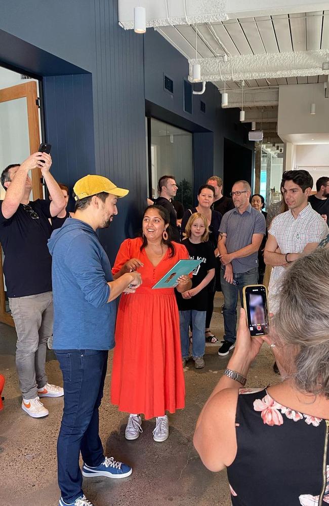 Lin-Manuel Miranda is pictured visiting the home of TV cartoon character Bluey in Brisbane. Picture: Instagram @leigh_sales