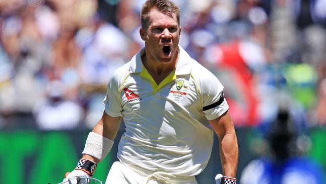 David Warner celebrates his Test century against England. Picture: Mark Stewart