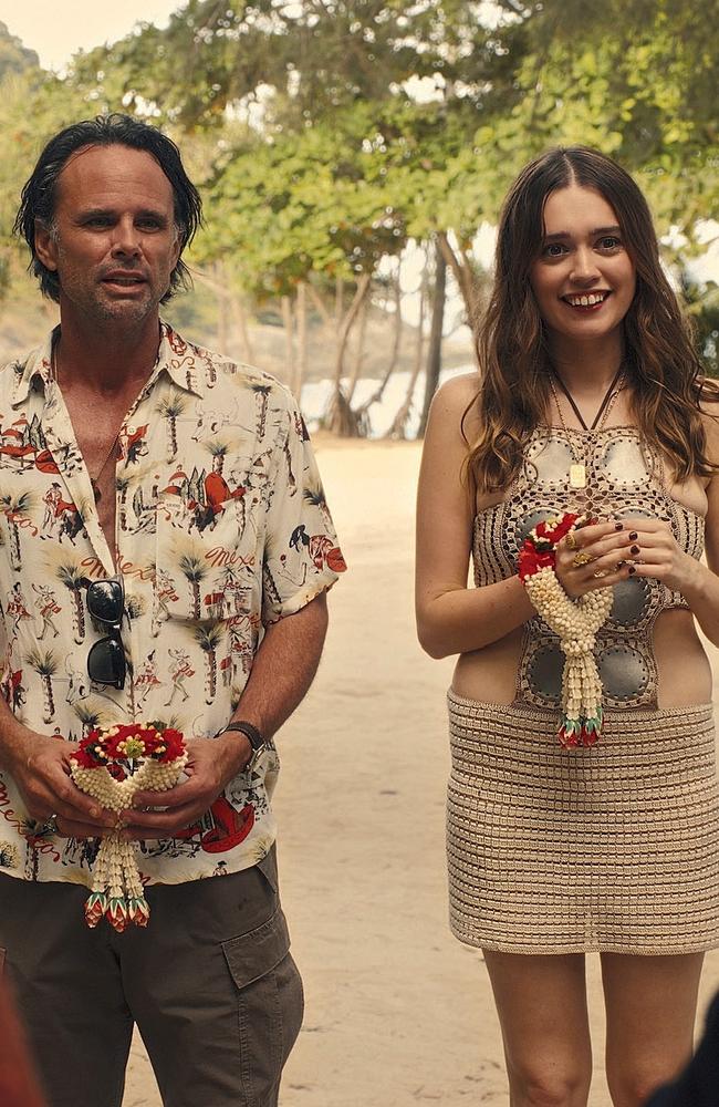 Walton Goggins and Aimee Lou Wood filming The White Lotus. Picture: Binge