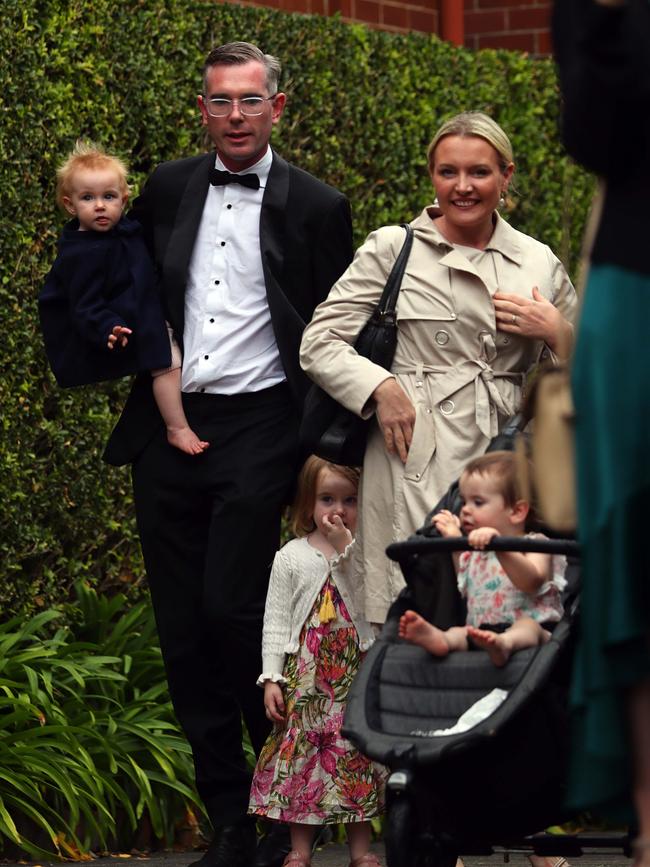 Dominic Perrottet arrives at his brother’s wedding.