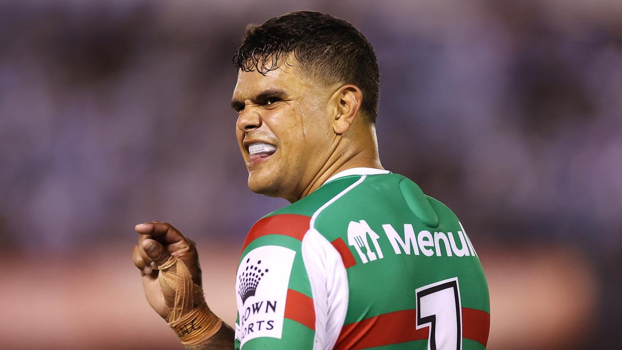 PENRITH, AUSTRALIA - MARCH 04: Latrell Mitchell of the Rabbitohs gestures to the crowd during the round one NRL match between Cronulla Sharks and South Sydney Rabbitohs at BlueBet Stadium on March 04, 2023 in Cronulla, Australia. (Photo by Mark Kolbe/Getty Images)