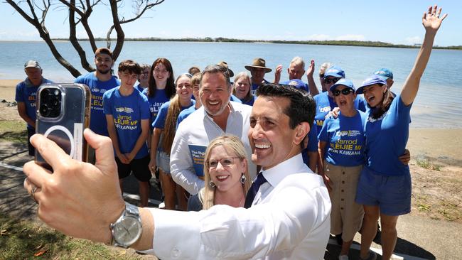 Leader of the Opposition David Crisafulli takes a selfie with Kendall Morton LNP candidate for Caloundra, Andrew Powell MP, and LNP volunteers at Golden Beach on Friday morning. Picture: Liam Kidston