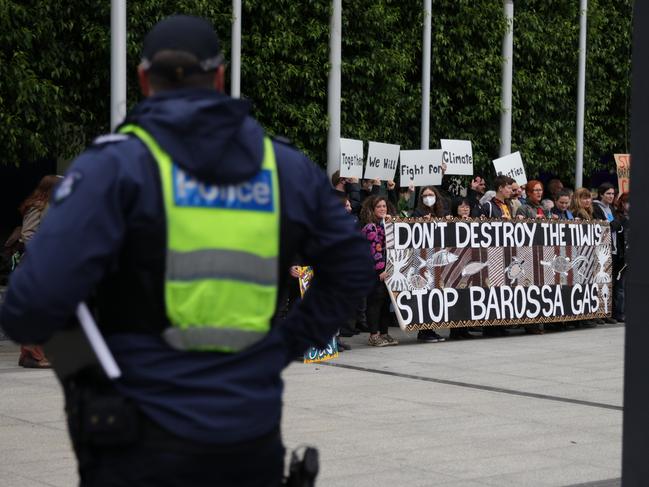 Police observed the peaceful protest from a distance. Picture: Tamati Smith / Getty Images