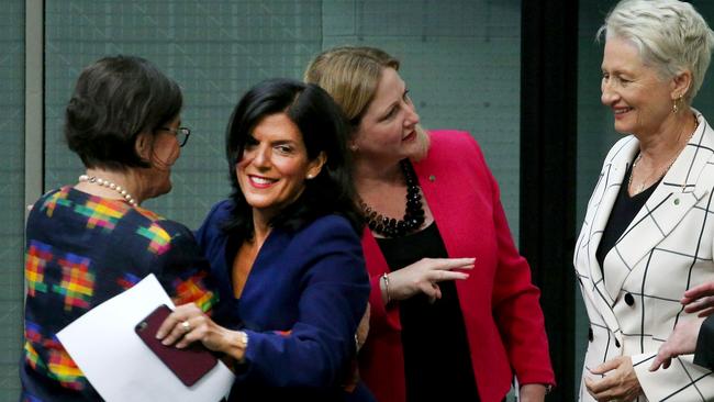 Julia Banks with independents Cathy McGowan, Rebekha Sharkie and Kerryn Phelps after announcing her resignation from the Liberal Party yesterday. Picture: Gary Ramage