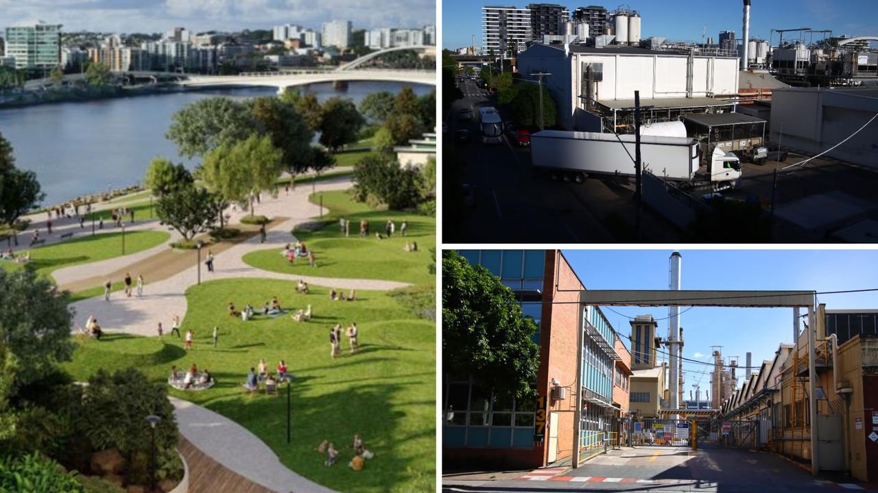 (Clockwise from left) Artist's impression of public parkland at the concrete factory site; the Visy glass factory which has been earmarked for Olympics infrastructure.