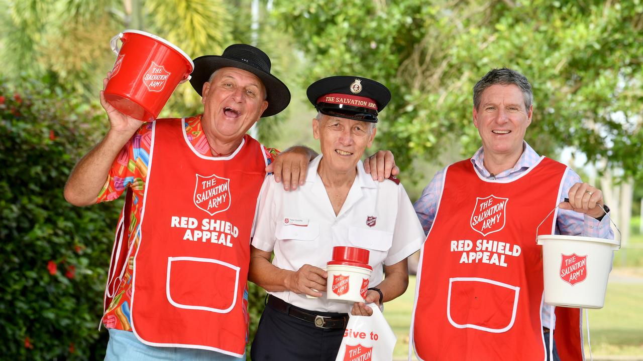 Salvation Army Ambassador Steve Price, Townsville Salvation Army team leader Major Peter Sutcliffe and Townsville Salvation Army chairman Peter Wheeler are set for the upcoming Red Shield Appeal 25 Launch and Business Breakfast at the Ville on May 23. Picture: Evan Morgan