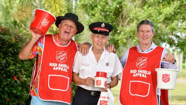 Salvation Army Ambassador Steve Price, Townsville Salvation Army team leader Major Peter Sutcliffe and Townsville Salvation Army chairman Peter Wheeler are set for the upcoming Red Shield Appeal 25 Launch and Business Breakfast at the Ville on May 23. Picture: Evan Morgan