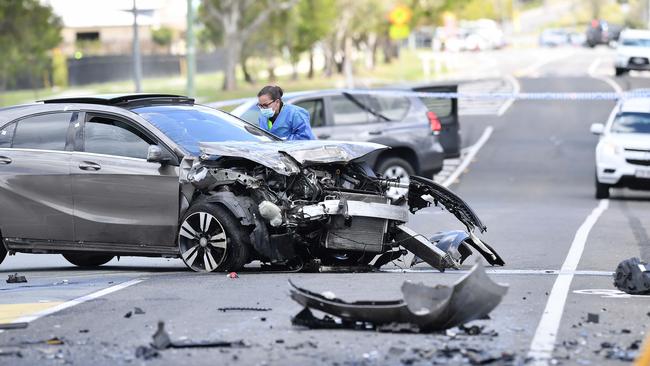 A woman has died in a horror crash involving a young driver allegedly in a stolen Mercedes outside a school on the Sunshine Coast. Picture: Patrick Woods.