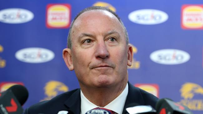 West Coast Eagles CEO Trevor Nisbett speaks to the media during a press conference at Subiaco Oval in Perth, Monday, August 6, 2018. West Coast chief executive Trevor Nisbett is hopeful Andrew Gaff's punch on Fremantle's Andrew Brayshaw will be dealt with only by the AFL tribunal, rather than by the police. Gaff could be suspended for five weeks or more for his unprovoked punch on Brayshaw. (AAP Image/Richard Wainwright) NO ARCHIVING