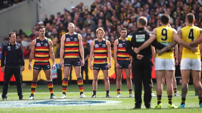 The Crows stare during the anthem during the 2017 AFL Grand Final at the MCG. Picture. Phil Hillyard