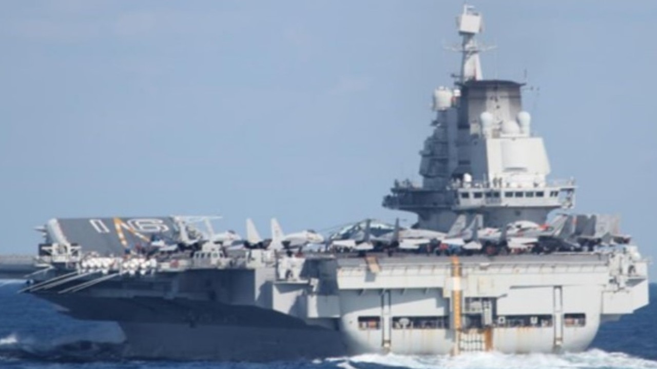 China’s Liaoning aircraft carrier photographed by Japanese armed forces earlier this week. Picture: Japanese Ministry of Defence