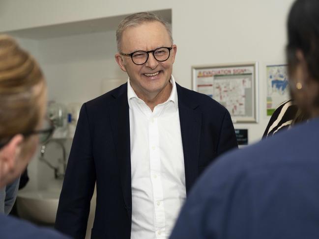 The Prime Minister, Anthony Albanese pictured at Gosford Hospital with the Member for Dobell, Emma McBride, and the Member for Robertson, Dr Gordon Reid. Picture: NewsWire / Monique Harmer