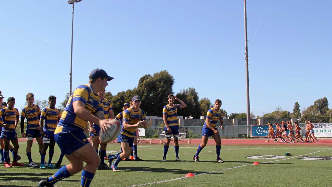 ON TOUR: Grammar School student Thomas Kelk fires off pass at training session during his school's tour of the United States. Picture: Contributed