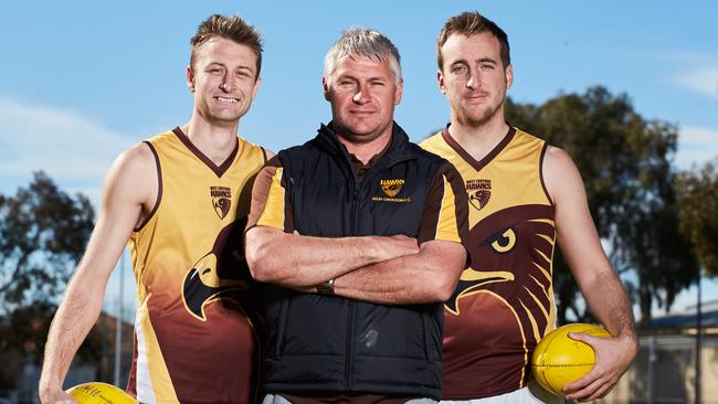 Luke Woodcock, coach Mat McPherson and Nick Symons pictured at Fawk Reserve in the lead up to West Croydon’s 2016 grand final. Picture: Matt Loxton