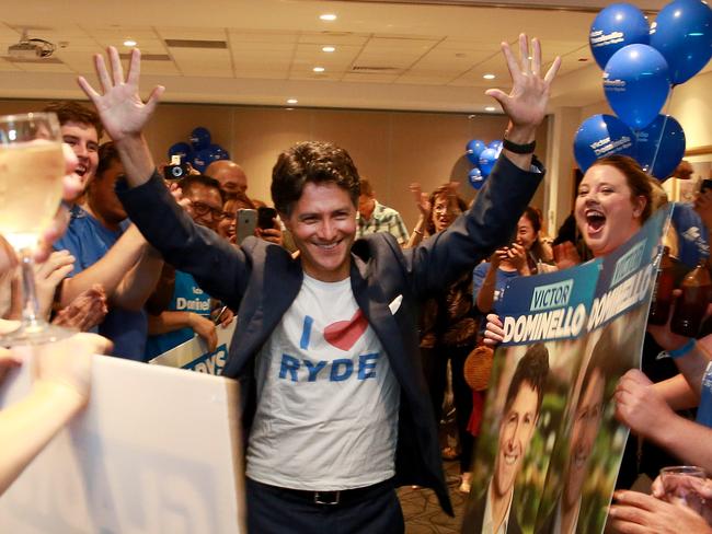 ‘Servant of Ryde’: Victor Dominello celebrates retaining the seat of Ryde last month. Picture: Mark Scott