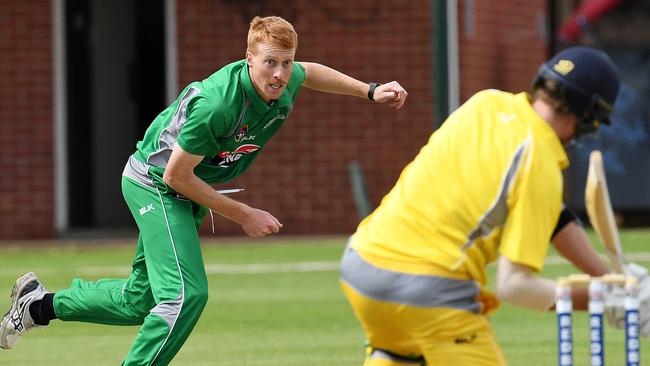 Redbacks League cricket – Northern Mavericks v Southern Force in 2016. Northern bowler Nick Benton and Southern batsmen Alex Gregory. Picture: Tom Huntley