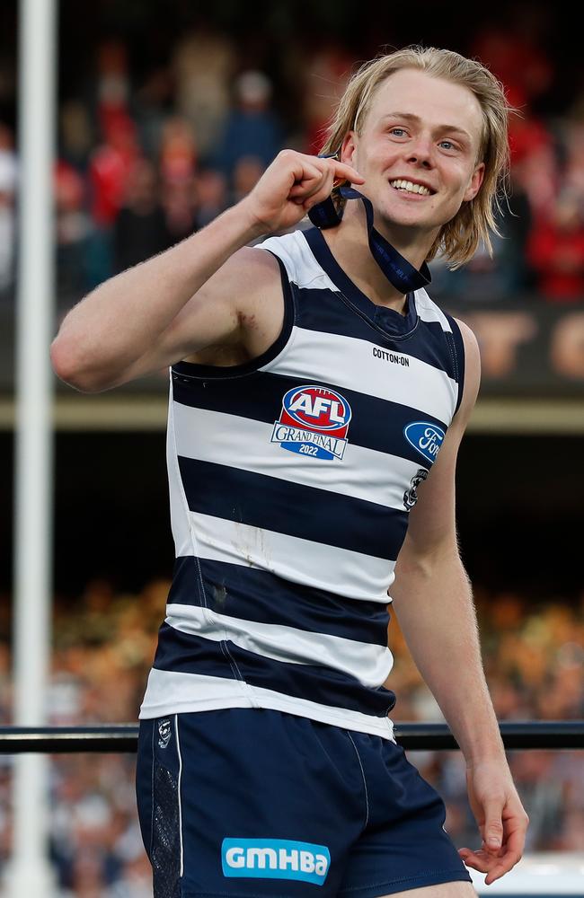 Zach Guthrie wins his first premiership medallion for Geelong. Picture: Michael Willson