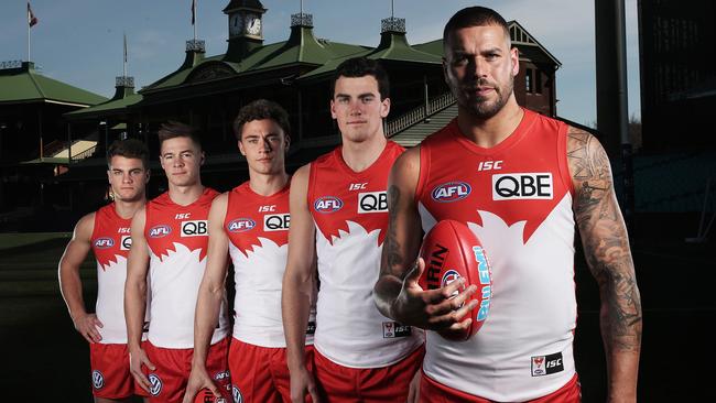 Lance Franklin and his young forwards Tom Papley, Ben Ronke, Will Hayward and Tom McCartin at the SCG. Picture: Phil Hillyard