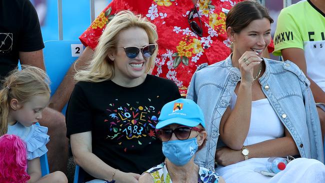 Actress Rebel Wilson with friend Brittany Hockley watching Matt Reid on court. Picture: Toby Zerna.