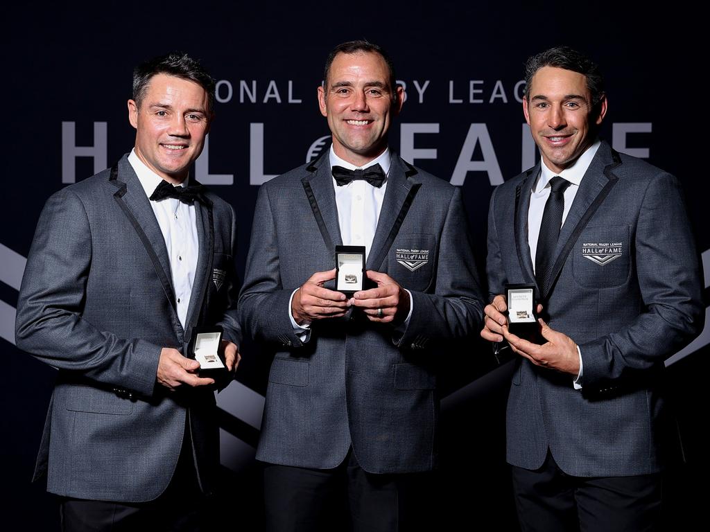 (L-R) Cooper Cronk, Cameron Smith and Billy Slater with their Hall of Fame rings and blazers. Picture: Brendon Thorne/Getty Images