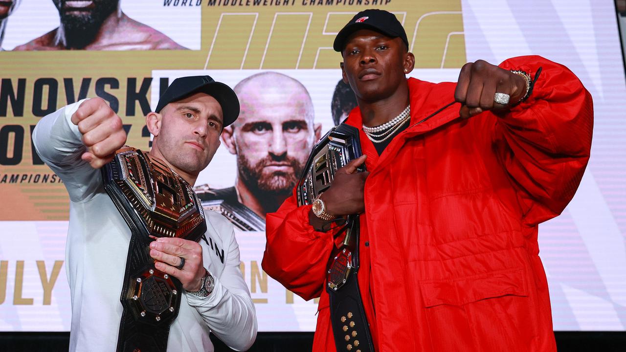 Daily Telegraph. 21, June, 2022. Alexander Volkanovski and Israel Adesanya, at The Star, Sydney, today, ahead of theyÃ&#149;re fights at UFC 276 in Las Vegas on Sunday week. Picture: Justin Lloyd.