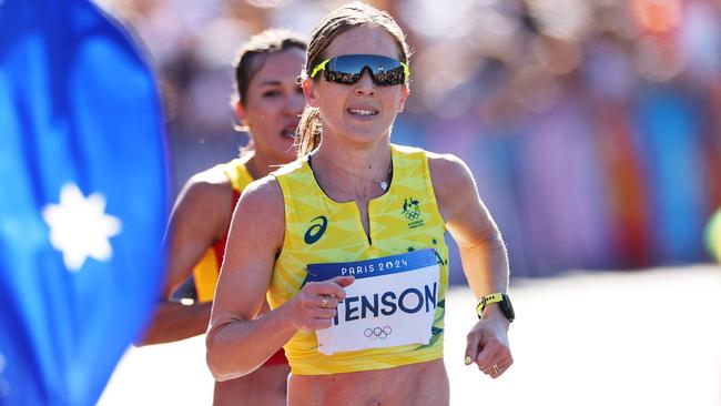 PARIS, FRANCE - AUGUST 11: Jessica Stenson of Team Australia competes during the Women's Marathon on day sixteen of the Olympic Games Paris 2024 at Esplanade Des Invalides on August 11, 2024 in Paris, France. (Photo by Michael Steele/Getty Images)