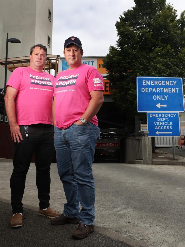 Robbie Moore HACSU with Cam Johnson paramedic. Paramedics and ambulance workers have rejected the state government wage deal and are now planning industrial action. Picture: Nikki Davis-Jones
