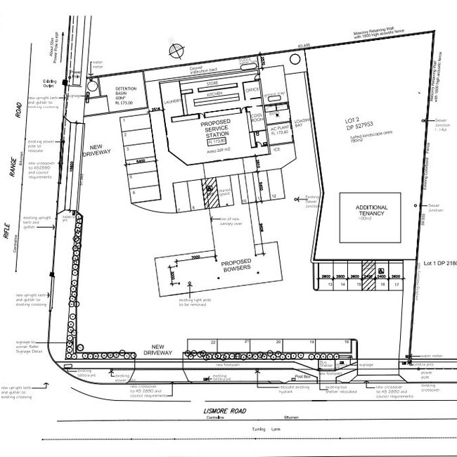 Plans for a new service station on the corner of Lismore Road and Rifle Range Road, Wollongbar.