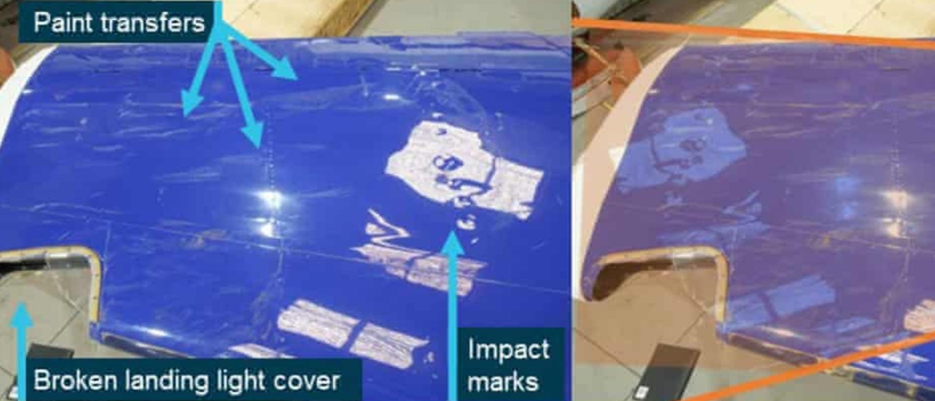 Damage on the right wing of Viper 1 (left) with an overlay representing the wing of Viper 2 (right) after the two planes collided in Port Phillip Bay. Picture: ATSB.